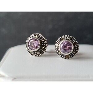 925 Sterling Silver Amethyst & Marcasite Stud Earrings Vintage READ Description